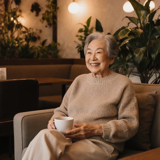 70대의 따뜻하고 친근한 한국인 여성이 자연스러운 외모를 가지고 있는 반신 촬영입니다. 그녀는 아늑한 소파에 편안하게 앉아 있으며, 스타일리시한 부드러운 니트 스웨터와 밝은 색상의 슬랙스를 입고 있습니다. 부드러운 미소를 지으며 손에 커피 컵을 들고 여유롭게 대화를 나누고 있는 모습이 편안하고 초대하는 분위기를 자아냅니다. 카페의 내부는 따뜻한 조명과 다양한 식물들로 장식되어 있어 전체적으로 편안하고 평화로운 느낌을 줍니다.