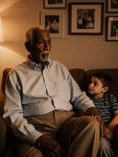 이 이미지는 80대의 흑인 노인이 반신 촬영으로 포착되어 있으며, 단정한 셔츠와 슬랙스를 입고 손자와 대화하며 걱정스러운 표정을 짓고 있습니다. 아늑한 거실에는 가족 사진과 따뜻한 조명이 있어 친밀한 분위기를 자아냅니다.