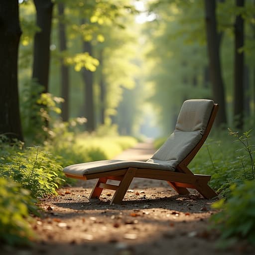 여름 숲속 오솔길에 있는 라운지 체어, 차분하고 매력적인 분위기.