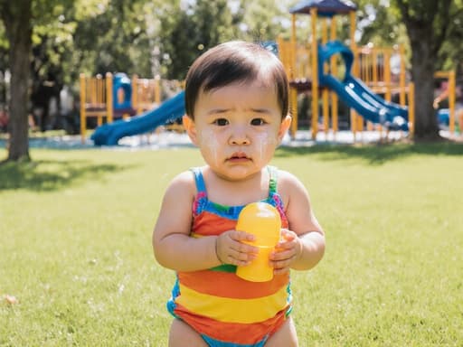 밝은 수영복을 입은 1세 남자 아기, 동양인이 공원에서 작은 물놀이 장난감을 들고 슬픈 표정으로 서 있습니다. 주변은 햇살이 비추는 푸른 잔디밭과 물놀이 시설로 둘러싸여 있어, 경쾌한 배경 속에서 깊은 감정을 포착한 순간입니다.