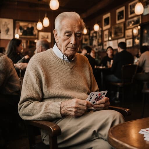 아늑한 카페에 앉아 카드 게임에 집중하고 있는 80대 혼혈 남성의 반신 샷. 편안한 니트 스웨터와 바지를 입고 차분한 표정을 짓고 있으며, 주변에는 대화하는 다른 손님들이 있는 따뜻하고 초대하는 분위기.