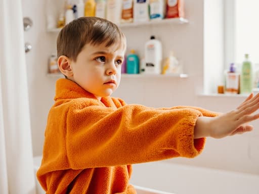이 이미지는 밝은 목욕 가운을 입고 지루한 표정을 지으며 스트레칭하는 3세 유럽계 남아의 모습이 담겨 있습니다. 욕실은 목욕 용품들로 가득 차 있으며, 밝고 아늑한 분위기를 자아냅니다.