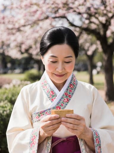 70대 동양인 여성은 전통 한복을 입고 따뜻한 미소를 지으며 전통 공예품을 손에 들고 아름다운 나무와 꽃이 있는 공원에서 잔잔하고 초대하는 듯한 분위기를 자아내고 있습니다.