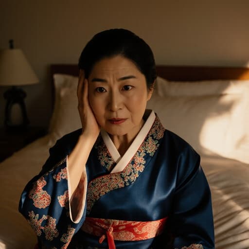 50대 한국인 여성이 전통적인 한복을 입고, 아늑한 침대에 앉아 당황한 표정을 지으며 한 손으로 머리를 감싸고 있는 반신 촬영 이미지. 부드러운 조명과 따뜻한 색감의 벽이 있는 침실에서 촬영되었습니다.