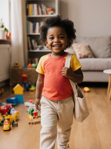 반신 샷으로 귀여운 3세 흑인 여아가 화려한 색상의 티셔츠와 편안한 바지를 입고 자신감 있게 가방을 메고 미소 지으며 걷고 있는 모습이 보입니다. 배경은 장난감과 책들이 놓인 아늑한 거실입니다.