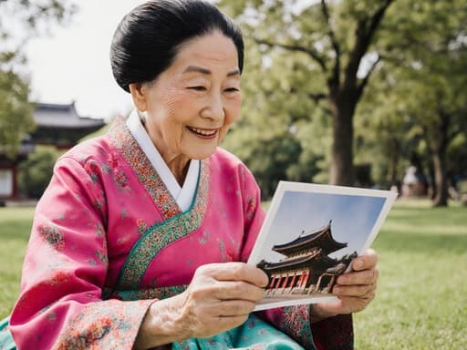 전통 한복을 입은 80세 아시아계 여성이 공원에서 잔디 위에 앉아 전통 건축물의 사진을 감상하며 감사의 미소를 짓고 있는 반신 샷으로, 푸른 잔디와 나무들이 어우러진 배경 속에서 아름다운 건축물이 보이는 평화로운 분위기를 담고 있습니다.