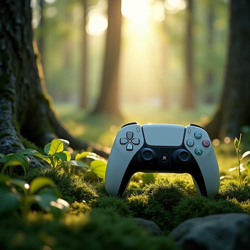 잎에 아침 이슬이 맺힌 햇빛이 드는 숲속에 있는 게임 콘솔은 평화롭고 편안한 분위기를 만들어냅니다.