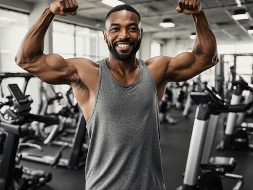 40대 건강하고 활기찬 흑인 남성이 현대적인 운동 센터에서 운동복과 운동화를 입고 자신감 있게 팔을 들어 올리는 모습의 반신 사진, 힘과 활력을 발산하고 있습니다.