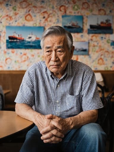 60대 동양인 남성이 주름이 있는 얼굴과 흰 머리카락을 가지고 있으며, 캐주얼한 청바지와 체크 무늬 셔츠를 입고 있는 반신 사진입니다. 그는 두 손을 테이블에 올리고, 생각에 잠긴 자세로 약간 숙여져 있으며 스트레스를 받은 표정을 짓고 있습니다. 배경은 수산물 운송과 관련된 바다 풍경 사진으로 장식된 카페 내부로, 전체적인 주제를 더욱 부각시킵니다.