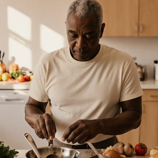 60대의 차분한 외모를 가진 흑인 남성이 편안한 티셔츠와 바지를 입고 반신 촬영된 모습입니다. 그는 밝은 주방에서 조리 도구를 살펴보며 생각에 잠긴 듯한 표정을 짓고 있으며, 신선한 재료들이 놓여져 있어 요리 활동에 중점을 둔 따뜻하고 매력적인 분위기를 만들어냅니다.