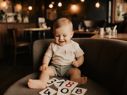사랑스러운 1살 남성 유럽계 아기 한 명이 아늑한 카페 소파에 앉아 있는 반신 촬영이 이루어졌습니다. 편안한 면 티셔츠와 반바지를 입고, 숫자 카드를 손에 들고 호기심 가득한 눈빛으로 바라보며 행복한 미소를 지어 보입니다. 부드러운 조명이 비추는 아늑한 카페 환경이 매력적으로 담겨 있습니다.