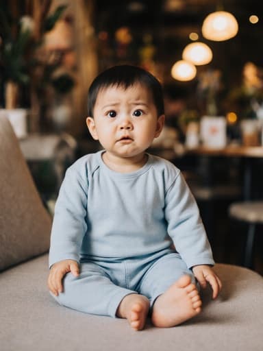 부드럽게 조명이 비추는 아늑한 카페의 소파에 앉아 있는 귀엽고 사랑스러운 1세 한국 남자 아기의 클로즈업 사진. 그는 부드러운 파란색 잠옷을 입고 있으며, 불안한 표정으로 눈을 크게 뜨고 있습니다. 아기는 요가 자세를 취하고 있지만 몸이 약간 긴장된 모습이 이 순간의 매력을 더해줍니다. 배경은 아기자기한 장식이 있는 따뜻하고 초대하는 카페 내부로, 전체적인 아늑한 분위기를 한층 더해줍니다.