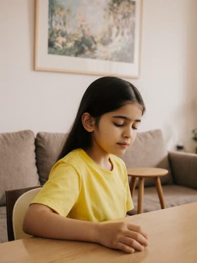 7세의 중동계 여아가 아늑한 거실 테이블에 앉아 있는 반신 촬영. 화사한 색상의 티셔츠와 반바지를 착용하고 있으며, 약간 졸린 표정으로 눈을 반쯤 감고 있습니다. 그녀는 손으로 음식을 먹으며 약간 앞으로 몸을 기울이고 있어 식사와의 상호작용을 표현하고 있습니다. 배경은 아늑한 소파와 작은 테이블, 벽에 걸린 그림으로 따뜻하고 초대하는 분위기를 더하고 있습니다.