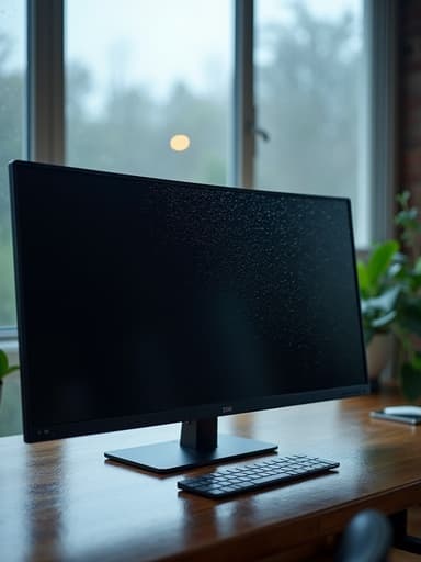 모니터, 디지털 기기, 비에 젖은 창가, 차분한 분위기