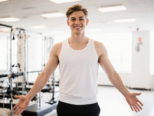 20대 유럽계 남성이 현대적인 필라테스 스튜디오에서 자신감 있게 서 있습니다. 그는 흰색 탱크탑과 검은색 레깅스를 입고 있으며, 매력적인 미소를 지으며 팔을 자연스럽게 옆으로 벌리고 있습니다. 미니멀한 장비와 밝은 조명이 어우러져 활기찬 분위기를 강조합니다.