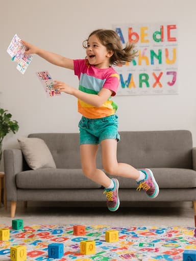 아늑한 거실에서 알파벳 카드를 향해 점프하는 7세 유럽계 소녀의 전신 사진으로, 그녀는 즐거운 표정을 짓고 있습니다. 화려한 티셔츠와 반바지, 밝은 운동화가 그녀의 장난기 넘치는 분위기를 더욱 강조하며, 벽에는 알파벳 포스터가 걸려 있고 바닥에는 알파벳 블록들이 흩어져 있습니다.