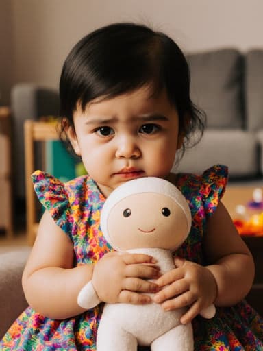 아기 같은 외모의 1세 중동계 여자아이가 화사한 아기용 원피스를 입고, 아늑한 거실의 소파 옆에 앉아 있습니다. 그녀는 인형을 두 손으로 꼭 쥐고 불안한 표정을 짓고 있습니다. 배경은 인형 놀이를 위한 공간이 마련되어 있어 따뜻하고 초대하는 분위기를 자아냅니다.