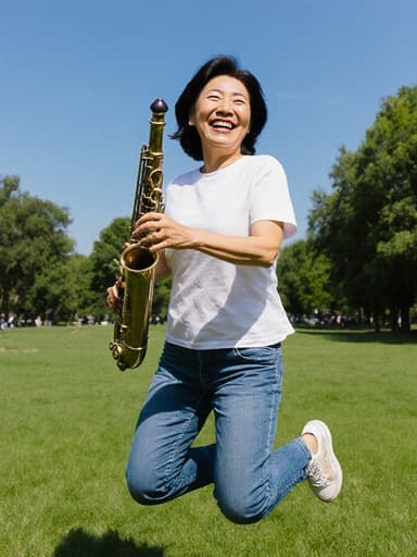 공원에서 밝은 표정으로 악기를 들고 점프하는 40대 동양인 여성의 전신 샷, 캐주얼한 복장을 하고 있으며, 맑은 하늘 아래에서 활기차고 여유로운 분위기를 연출합니다.