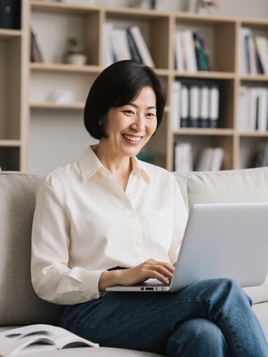 40대 한국인 여성의 반신 촬영으로, 자연스러운 외모를 가진 그녀가 정돈된 연구실의 소파에 편안하게 앉아 있습니다. 캐주얼한 블라우스와 청바지를 입고 있으며, 노트북을 사용하면서 편안한 모습으로 밝게 웃고 있습니다. 배경에는 책장과 연구 자료가 잘 정리되어 있어 친근하고 학문적인 분위기를 자아냅니다.