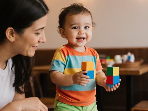 순수한 미소와 호기심 가득한 표정을 지닌 1세의 라틴계 남성 아기가 아늑한 카페에서 다양한 색깔의 블록을 손에 들고 서 있습니다. 그는 밝은 색의 티셔츠와 반바지를 입고 있으며, 부모가 색깔을 배우도록 도와주는 따뜻한 분위기가 감돌고 있습니다.