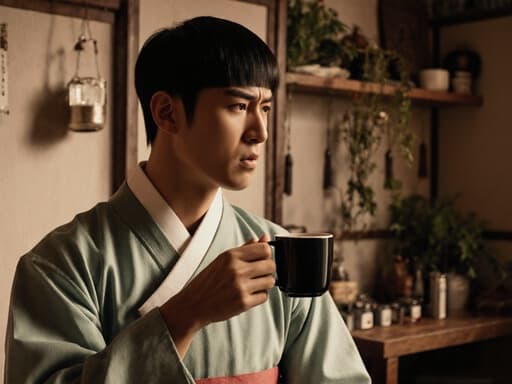 한의원 내부에서 커피 잔을 들고 한 손은 허리에 감싸고 있는 자연스러운 외모의 10대 후반 아프리카계 남성이 전통적인 한복을 입고 분노한 표정으로 주위를 바라보고 있습니다. 따뜻한 분위기의 공간은 약재와 전통적인 한의학 장비로 가득 차 있으며, 이 장면의 문화적 맥락을 강조합니다.