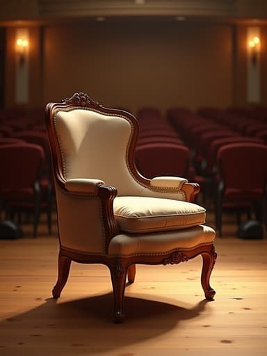 우아한 인테리어용 의자와 나무 다리가 있고 부드러운 직물이 배치된 클래식 오케스트라 홀의 중앙에 따뜻한 조명과 광택이 나는 나무 바닥이 있는 따뜻하고 초대하는 우아한 분위기를 조성합니다.