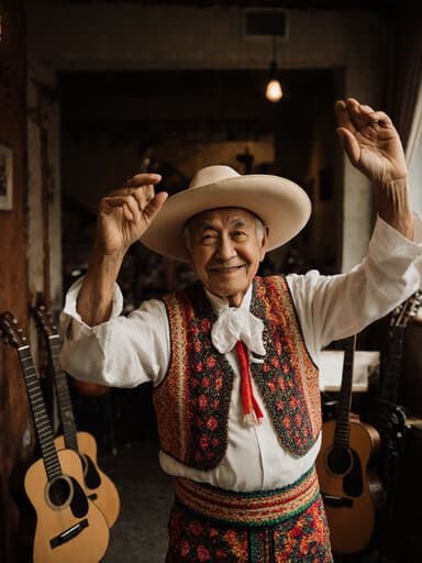 이미지는 화려한 의상을 입고 평온한 미소를 지으며 춤추고 있는 80세의 라틴 남성을 보여줍니다. 그는 전통 라틴 음악의 소리가 가득한 아늑한 카페에서 기타와 같은 악기들이 배경에 놓여 있습니다.