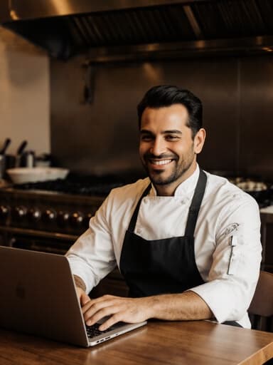 40대의 친근하고 따뜻한 미소를 가진 라틴계 남성이 셰프 복장과 앞치마를 입고 주방에서 노트북 앞에 앉아 레시피를 개발하며 타이핑하고 있습니다. 배경에 그릴이 있어 요리하는 분위기를 연출하며 매력적인 이미지를 만들어냅니다.