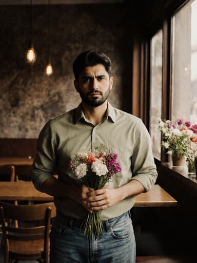 30대 중동계 남성이 자연스러운 외모를 지니고, 캐주얼한 셔츠와 청바지를 입고 꽃다발을 들고 있는 반신 사진입니다. 아늑한 카페 내부에서 다양한 꽃들로 장식된 공간 속에서 긴장한 표정을 지으며 기다리고 있는 모습이 따뜻하고 초대하는 분위기를 만들어냅니다.