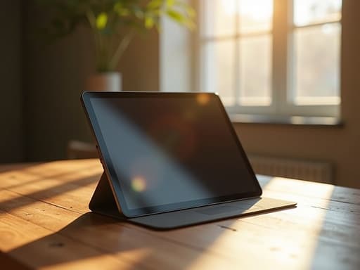 목재 테이블 위의 초현실적인 태블릿, 따뜻하고 초대하는 침착한 실내 환경에서 창문을 통해 햇빛이 비치고 있습니다.