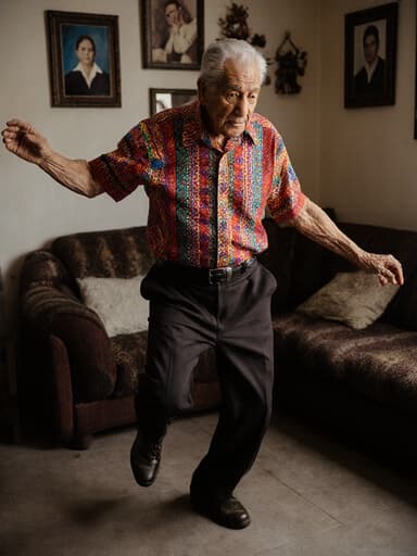 화려한 전통 의상을 입고 춤추고 있는 80대 라틴계 남성의 전신 사진. 불편한 표정을 지으며, 가족 사진과 전통 장식으로 가득한 아늑한 거실에서 촬영되었습니다.