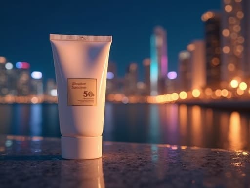 자외선 차단제, 화장품, 불규칙한 도시 야경과 다채로운 불빛, 생동감 있는, 도시의, 평온한