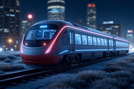 고속 기차 모델이 도시의 밤 풍경을 질주하며, 생동감 넘치는 LED 조명이 어두운 도시 배경에서 색의 흐림을 만들어냅니다. 움직임은 속도와 혁신의 본질을 포착하며, 도시 조명의 부드러운 보케 효과가 장면의 에너지를 더욱 강조합니다.