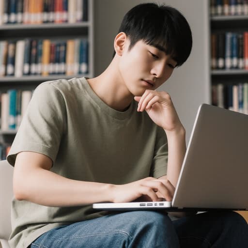 10대 후반의 한국인 남성이 자연스러운 외모로 현대적인 도서관에 앉아 있는 반신 사진입니다. 그는 캐주얼한 티셔츠와 청바지를 입고 있으며, 약간 의기소침한 표정을 지으며 노트북 화면을 응시하고 있습니다. 그의 손가락은 노트북 화면을 부드럽게 터치하고 있으며, 배경에는 세련된 책장이 있어 현대적인 도서관의 분위기를 더해줍니다.