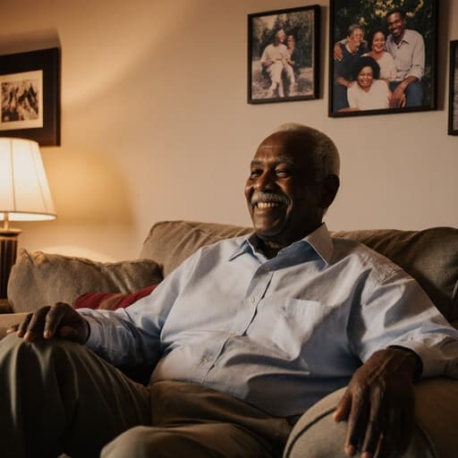 70대의 편안하고 행복한 흑인 남성이 아늑한 소파에 앉아 캐주얼한 셔츠와 편안한 바지를 입고 가족 사진을 바라보며 미소 짓고 있습니다. 따뜻한 조명이 비추는 아늑한 거실에서 가족의 추억으로 가득한 분위기를 느낄 수 있습니다.