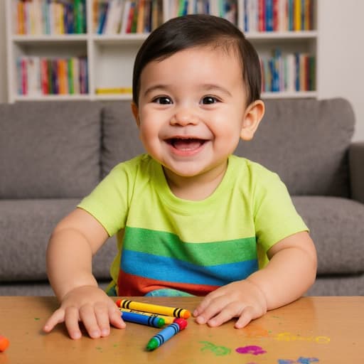 즐거운 표정을 지으며 색연필을 쥐고 있는 1세의 라틴계 남자 아기가 아늑한 거실에서 밝은 티셔츠와 반바지를 입고 창의력으로 가득 찬 따뜻한 분위기를 자아내고 있습니다.