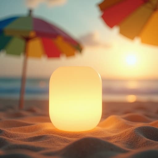 부드럽게 빛나는 무드등, 여름 해변의 다채로운 파라솔, 편안하고 고요하며 초대하는 분위기.