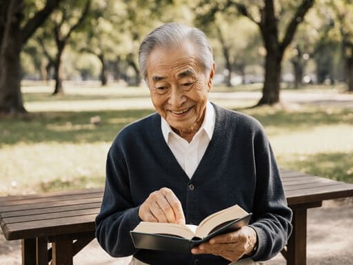 80대 아시아계 남성이 백발이 섞인 머리와 깊은 주름을 지닌 얼굴로 책을 읽으며 고마운 미소를 짓고 있습니다. 그는 편안한 카디건과 면바지를 착용하고 있으며, 한 손에는 책을 들고 다른 손으로는 페이지를 넘기고 있습니다. 배경은 햇살이 비치는 공원으로, 나무 그늘 아래의 작은 테이블에서 따뜻하고 평화로운 분위기를 연출하고 있습니다.