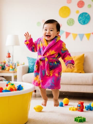 밝은 색상의 목욕 가운을 입은 장난스러운 1세 남성 아시아계 아기가 다양한 장난감이 가득한 욕조 옆에서 즐겁게 점프하고 있으며, 장난기 가득한 미소를 짓고 있습니다. 이 이미지는 화사하고 아기자기한 거실에서 어린 시절의 기쁨을 잘 담고 있습니다.