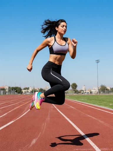 30대 중동계 여성이 스타일리시한 스포츠 브라와 레깅스를 착용하고 트렌디한 운동화를 신고, 운동장 트랙 위에서 점프하는 역동적인 전신 샷입니다. 그녀는 활기차고 자신감 넘치는 표정으로 밝게 웃고 있으며, 배경에는 맑은 푸른 하늘 아래 보이는 트랙 선들이 있는 생동감 넘치는 운동장이 펼쳐져 있어 활기찬 분위기를 더하고 있습니다.
