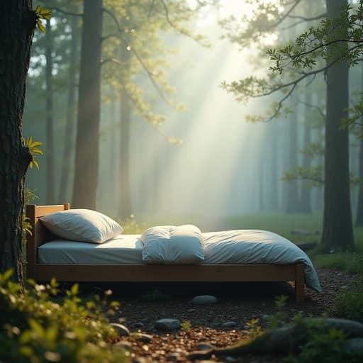 안개 낀 아침 숲속의 싱글 침대, 나무 사이로 들어오는 자연광이 고요하고 평화로운 분위기를 만들어냅니다.