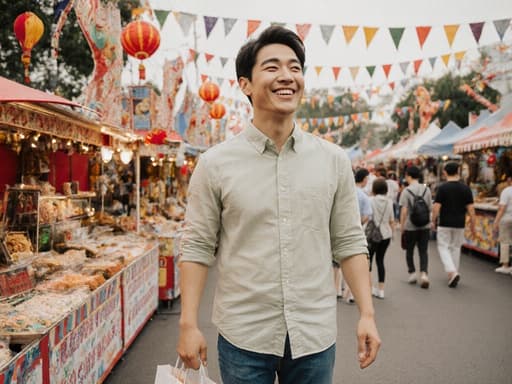 30대 동양인 남성이 캐주얼한 셔츠와 청바지를 입고 자연스럽게 미소를 지으며 쇼핑백을 들고 다른 사람들과 대화하고 있는 모습. 화려한 부스와 활기찬 분위기가 가득한 축제장에서의 즐거운 쇼핑 경험을 담고 있습니다.