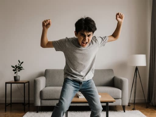 10대 초반의 라틴계 남성이 현대적인 거실에서 격한 감정을 드러내며 춤추고 있습니다. 그는 편안한 티셔츠와 운동화, 청바지를 입고 있으며, 두 팔을 위로 쳐들고 강렬한 자세를 취하고 있습니다. 소파와 테이블이 배치된 스타일리시한 배경이 돋보입니다.