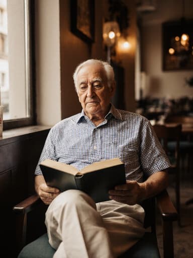 70대의 혼혈 남성이 아늑한 카페에서 편안하게 앉아 체크무늬 셔츠와 면바지를 입고 책을 읽고 있는 차분한 모습의 반신 촬영. 따뜻하고 아늑한 분위기 속에서 여유로운 느낌을 주고 있습니다.