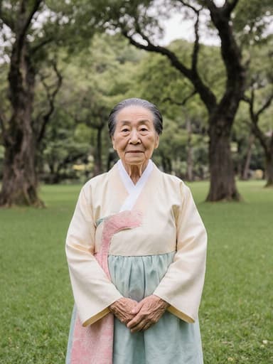 전통 한복을 입은 80세 아시아계 여성의 전신 사진으로, 아름다운 공원 정원에 서 있습니다. 그녀는 차분한 외모를 지니고 있으며, 약간 지루한 표정을 짓고 손을 앞에 모으고 있습니다. 부드러운 파스텔 색상의 의상은 배경의 푸른 잔디와 조화를 이루며 평화롭고 조화로운 장면을 연출합니다.