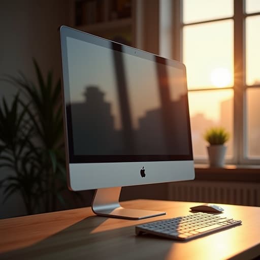 모니터, 디지털 기기, 아침 햇살이 비치는 창가, 따뜻하고 초대하는