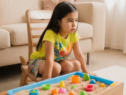 7세 라틴계 여성이 화사한 색상의 티셔츠와 반바지를 입고 아늑한 거실에 앉아 있으며, 바닥에 펼쳐진 모래놀이 세트를 바라보며 지루한 표정을 짓고 있는 반신 사진입니다.