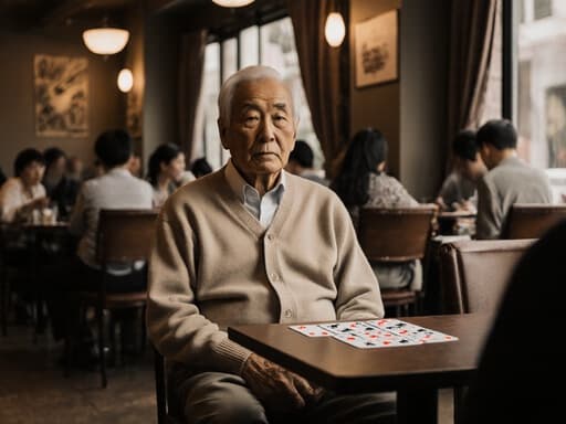 아늑한 카페 테이블에 앉아 카드 게임을 바라보며 무관심한 표정을 짓고 있는 70대 아시아계 남성의 반신 사진. 편안한 카디건과 바지를 입고 있으며, 부드러운 조명과 다른 손님들이 있는 카페의 아늑한 분위기가 느껴진다.