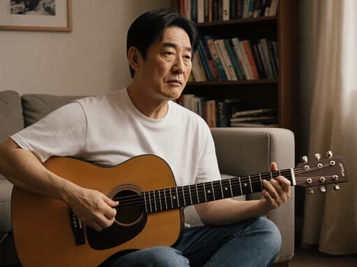 40대 한국인 남성이 아늑한 거실 바닥에 앉아 있는 반신 샷입니다. 그는 자연스러운 외모로 편안한 티셔츠와 청바지를 입고 있으며, 기타를 손에 들고 있지만 연주하지 않고 있습니다. 절망에 빠진 듯한 표정을 지으며 깊은 고민에 빠진 감정을 드러내고 있습니다. 배경에는 잘 정돈된 책장과 소파가 있어 그의 감정 상태를 반영하는 따뜻한 분위기를 만들어냅니다.