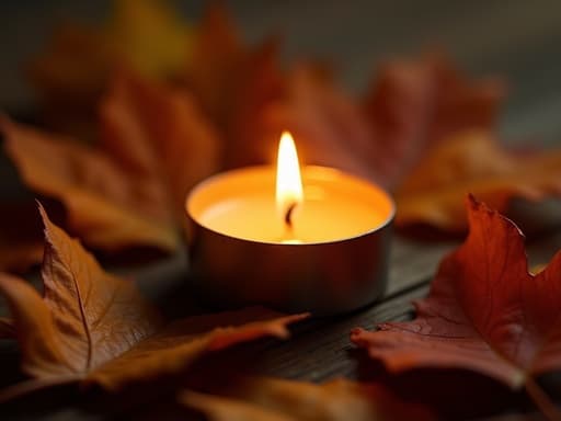 다채로운 잎사귀가 있는 가을 정원에 있는 티라이트 캔들이 따뜻하고 아늑한 분위기를 만들어냅니다.